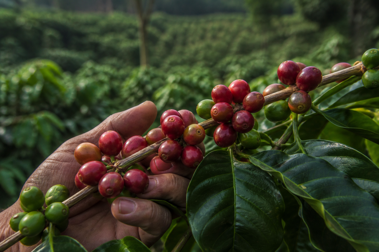 Buah kopi merah dan hijau di kebun kopi.