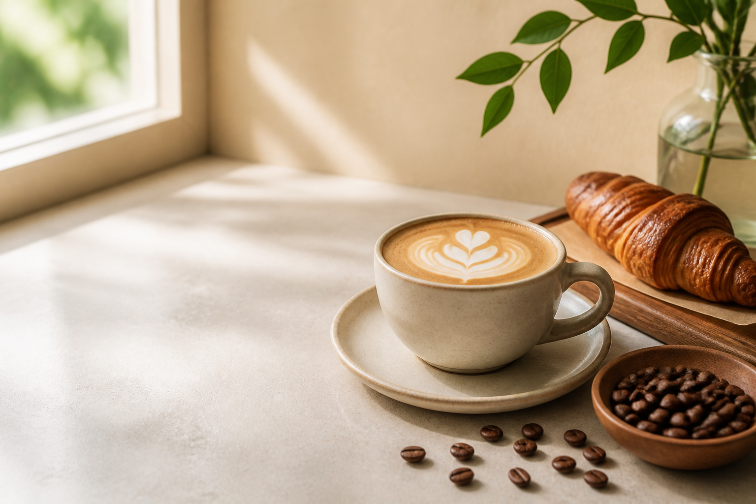 Secangkir kopi latte, biji kopi, dan pastry di meja kafe.