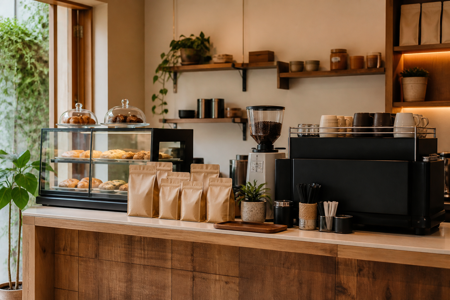 Counter kedai kopi kecil dengan kemasan kopi dan display pastry.